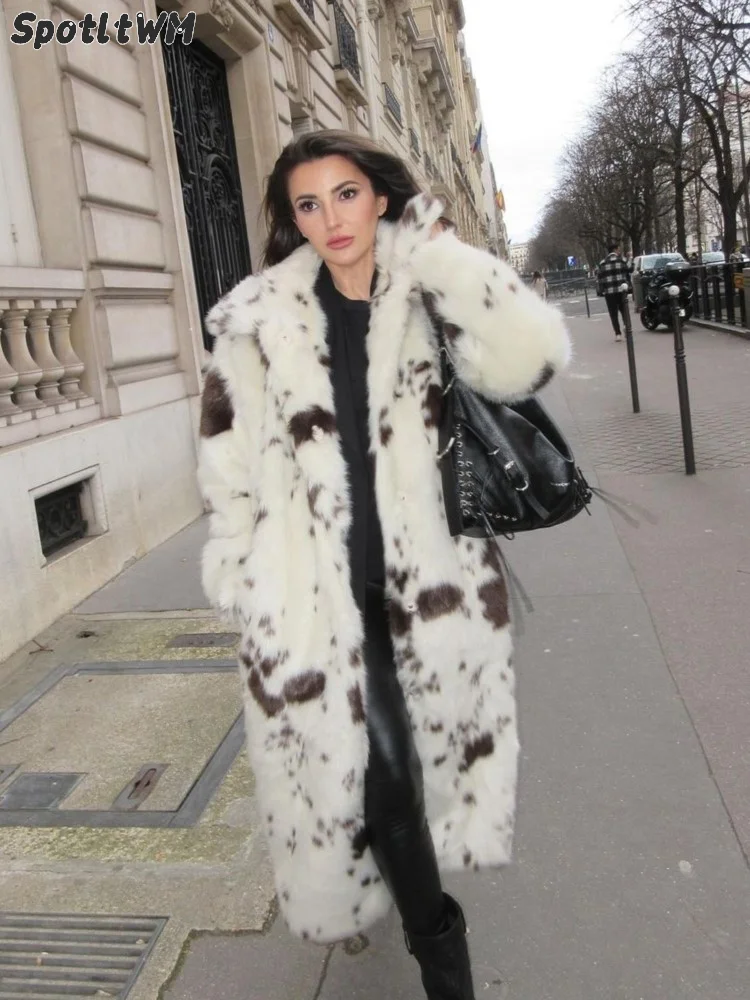 2024 Chic Leopard Spotted Faux Fur Long Coatสําหรับผู้หญิงElegant Fluffy Plush Thicken Warm Lapel Overcoatฤดูหนาวแฟชั่นOuterwear