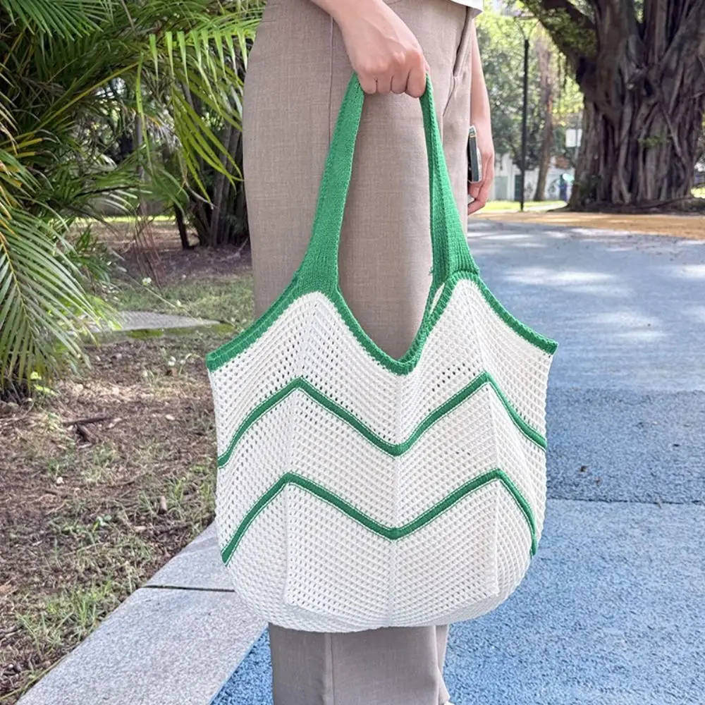 

Portable Bohemian Knitted Shoulder Bag Sweet Hollowed Out Crochet Tote Bag Eco-Friendly Soft Sundries Storage Bag Picnic