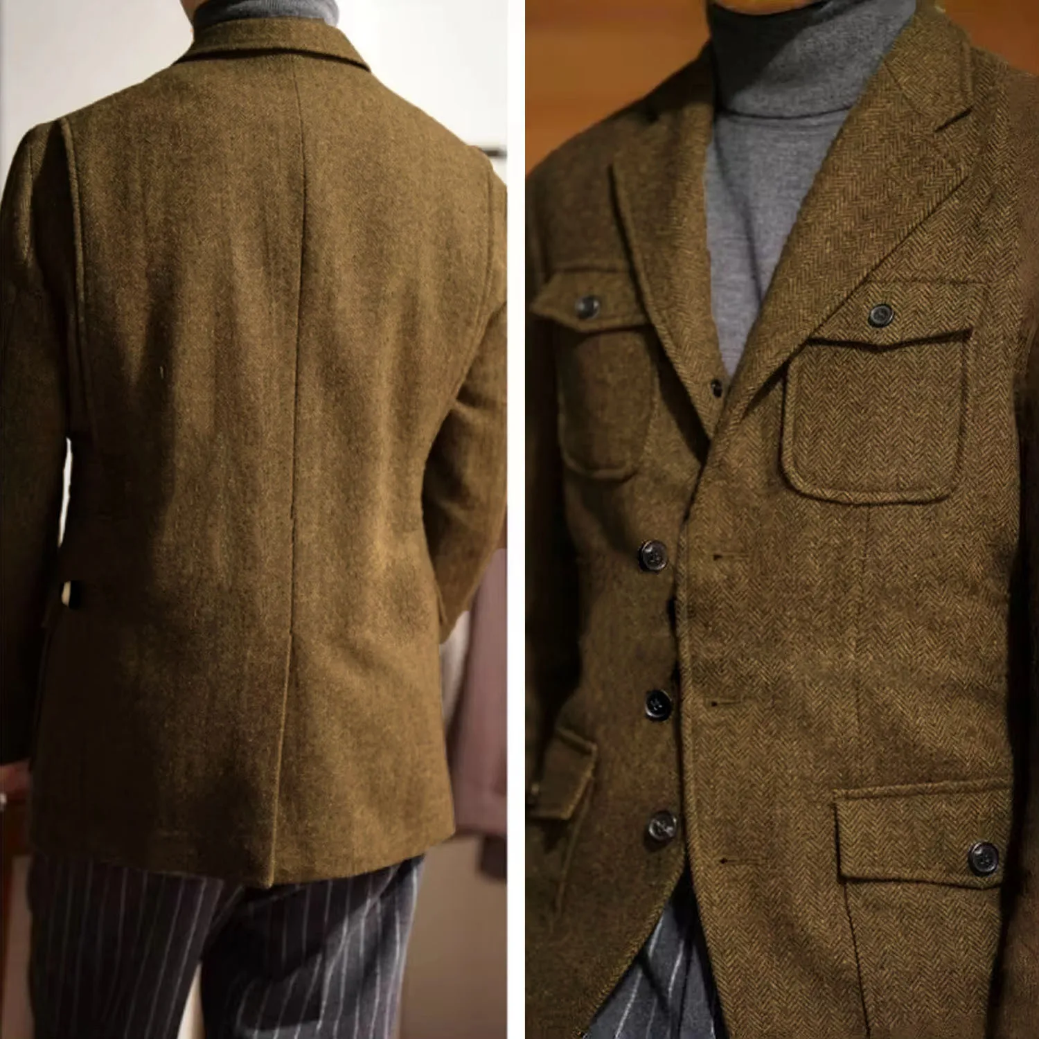 Heren Klassieke Visgraat Tweed Jachtblazer Wolmix Sportjas met Vier Zakken Drie Knoppen Jas Heren Smoking