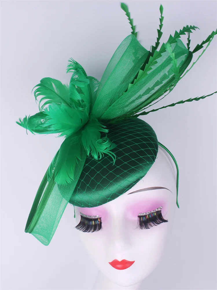 السيدات الملكي أسكوت فاتحة قبعة الزفاف ريشة قبعة أغطية الرأس النساء الكنيسة حفلة علبة حبوب منع الحمل مع رباطات العروس حفلة قطع زينة #6