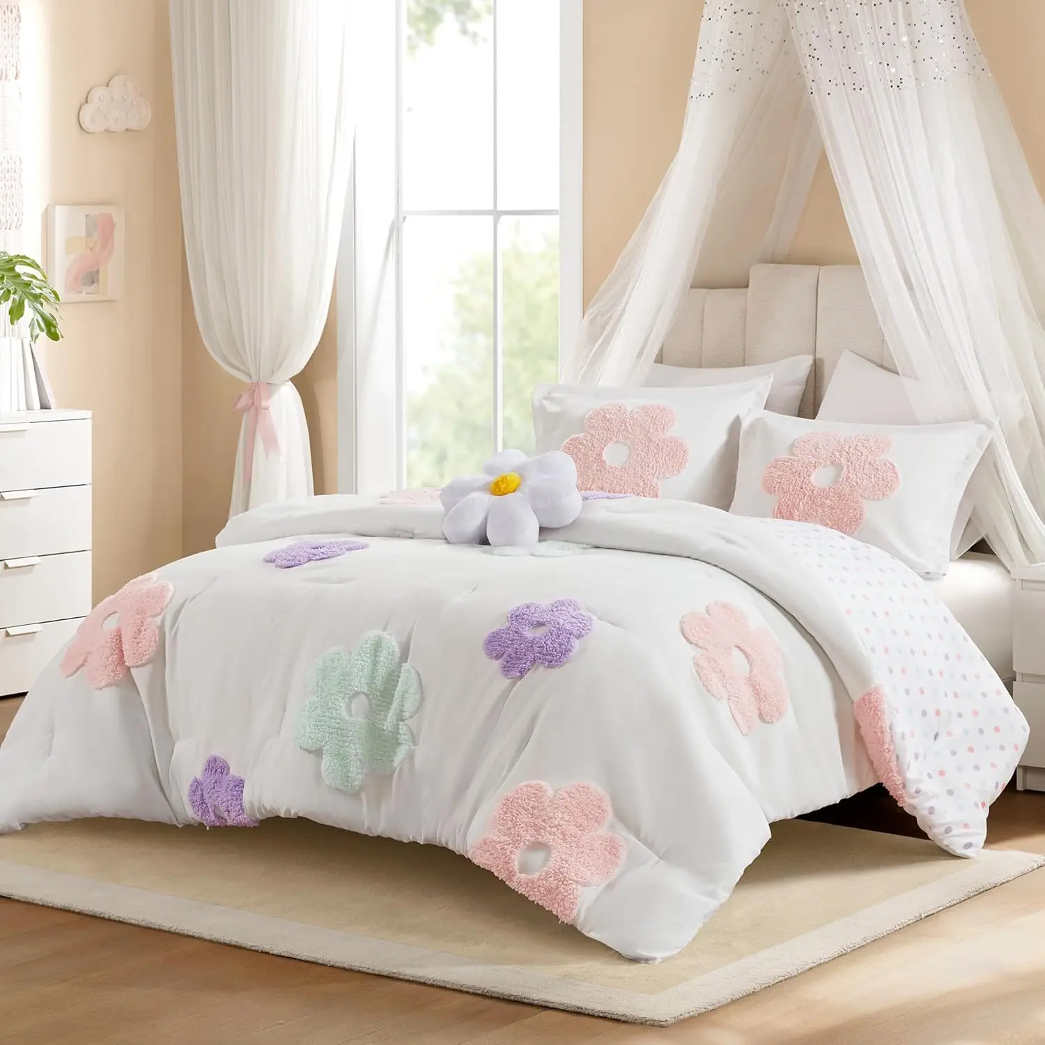 

Комплект двустороннего одеяла для девочек с цветочным принтом и горошком, легкое постельное белье из шенилла с наволочками и подушкой, размер Full/Queen