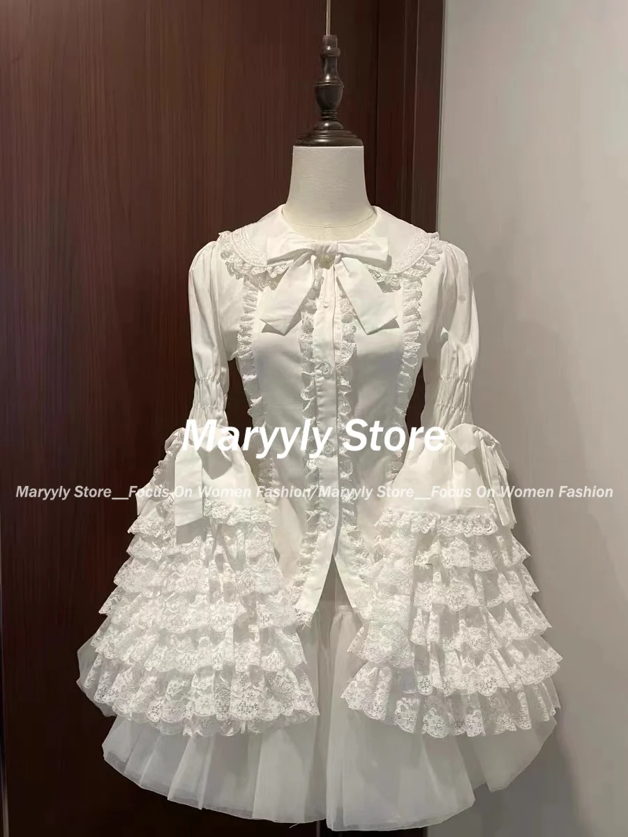 Japanese Vintage Lolita Style Shirts Women Gothic Y2k Bow Lace Ruffle Flare Long Sleeve Blouse 2024 Sweet Elegant Cute Tops New