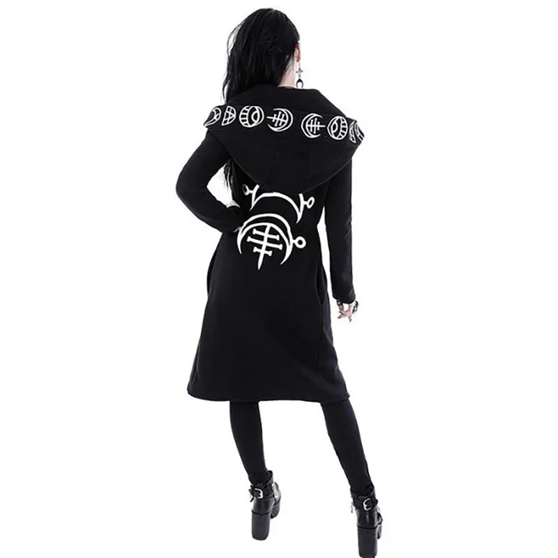 Punk menina preto impresso manga comprida cardigan camisola estilo longo lua padrão punk jaquetas blusão carnaval gótico