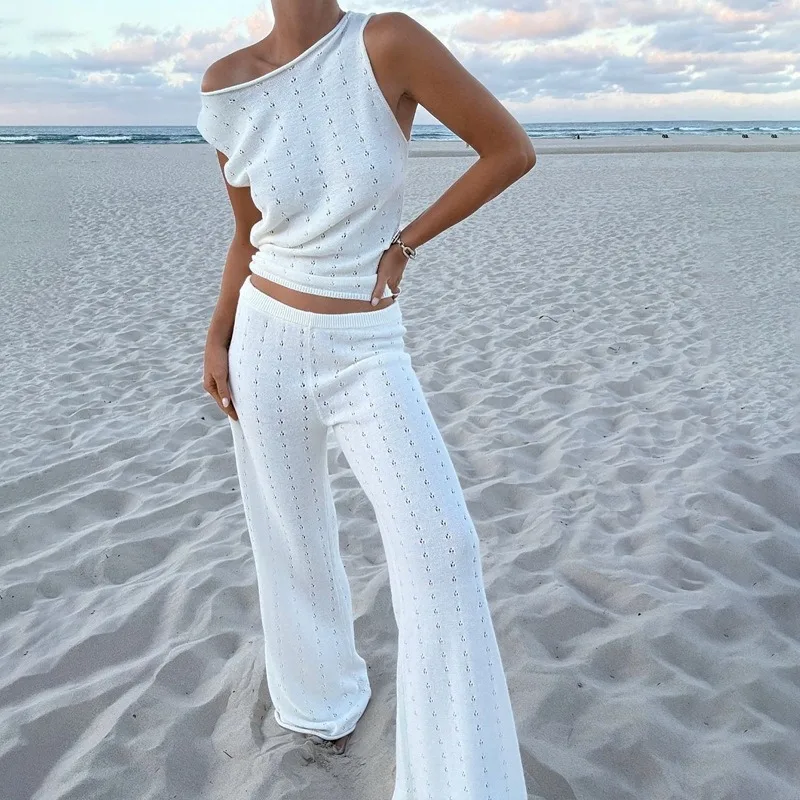 

2025 Summer Solid Knitted Crochet Slim Casual 2 Piece Set Women Diagonal Shoulder Sleeveless Vest Vacation Beach Street Pants