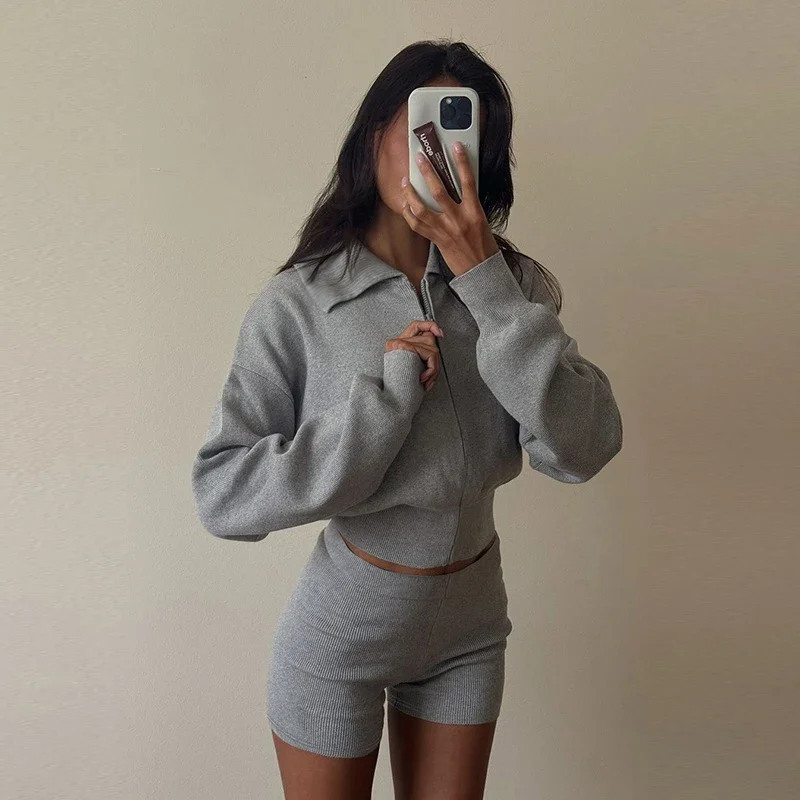 Fmxires mujeres 2025 primavera otoño camisetas de manga larga camisetas pantalones cortos conjuntos de dos piezas trajes artículos básicos al por mayor para negocios