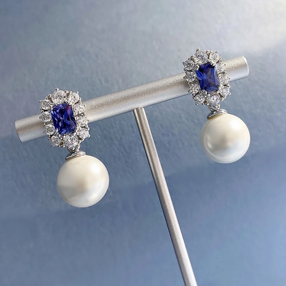 Vintage Noble 100% 925 Real Silver 12mm Pearl Sapphire Drop Earrings for Women Lab Diamond Gemstone Wedding Fine Jewelry Gifst