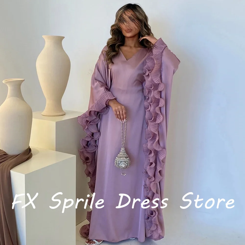 V Neck Ruffles Chiffon Long Sleeves Straight Floor Length Solid Color Evening Dress Woman Custom Size For Formal Occasions 2024