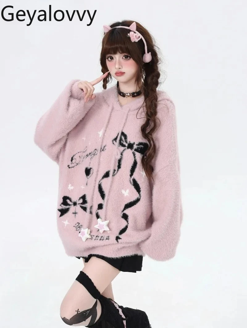 

Японский оригинальный милый мягкий восковой джемпер с длинными рукавами и принтом банта для девочек, осенне-зимний новый повседневный свитер с капюшоном