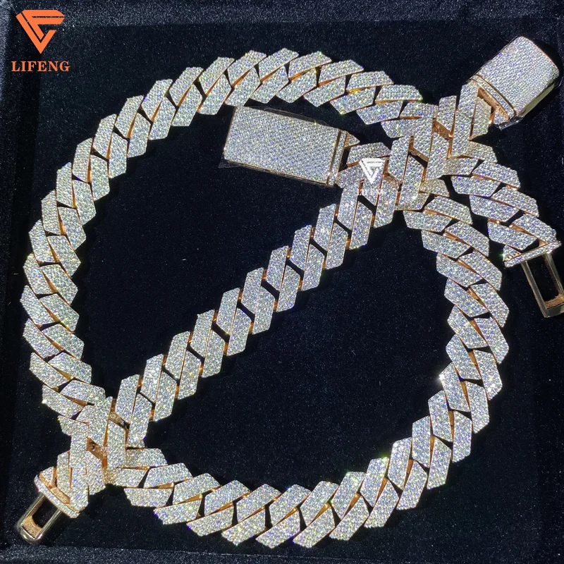 

Lifeng Jewelry Men 18mm wide 3 Rows Cuban Chain Set Iced Out Hiphop Rose gold Plated 925 Silver Moissanite Cuban Link Chain