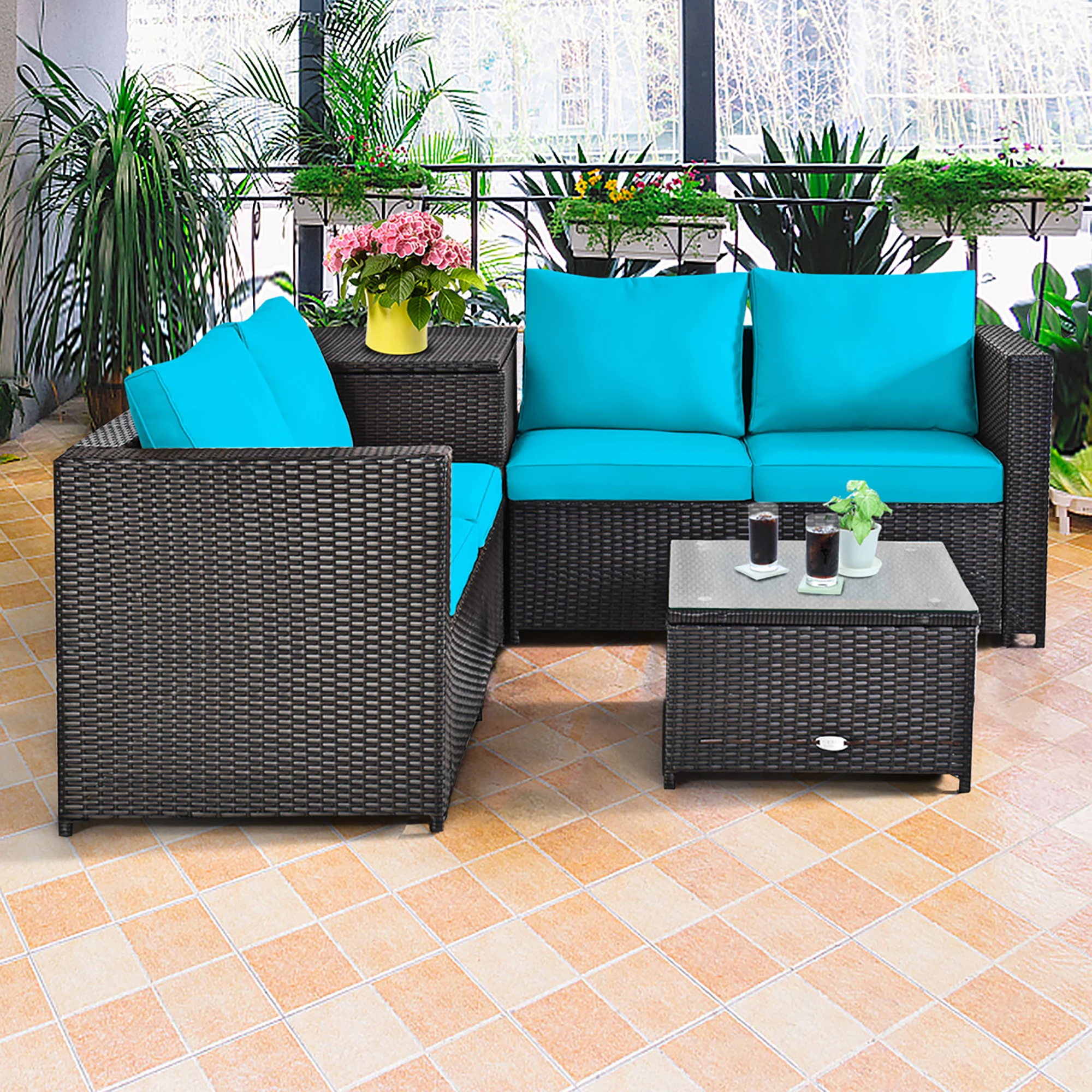 Outdoor Pátio Rattan Móveis Set, Turquesa Loveseat, Mesa De Armazenamento, Almofada, 4Pcs