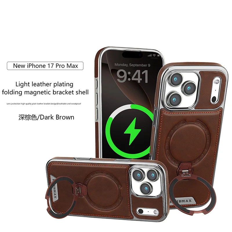 

Роскошный кожаный чехол для телефона iPhone 17, 16, 15, 14, 13, 12, 11 Pro Max, 17AIR 16E, противоударный металлический кронштейн Magsafe, гальваническая крышка