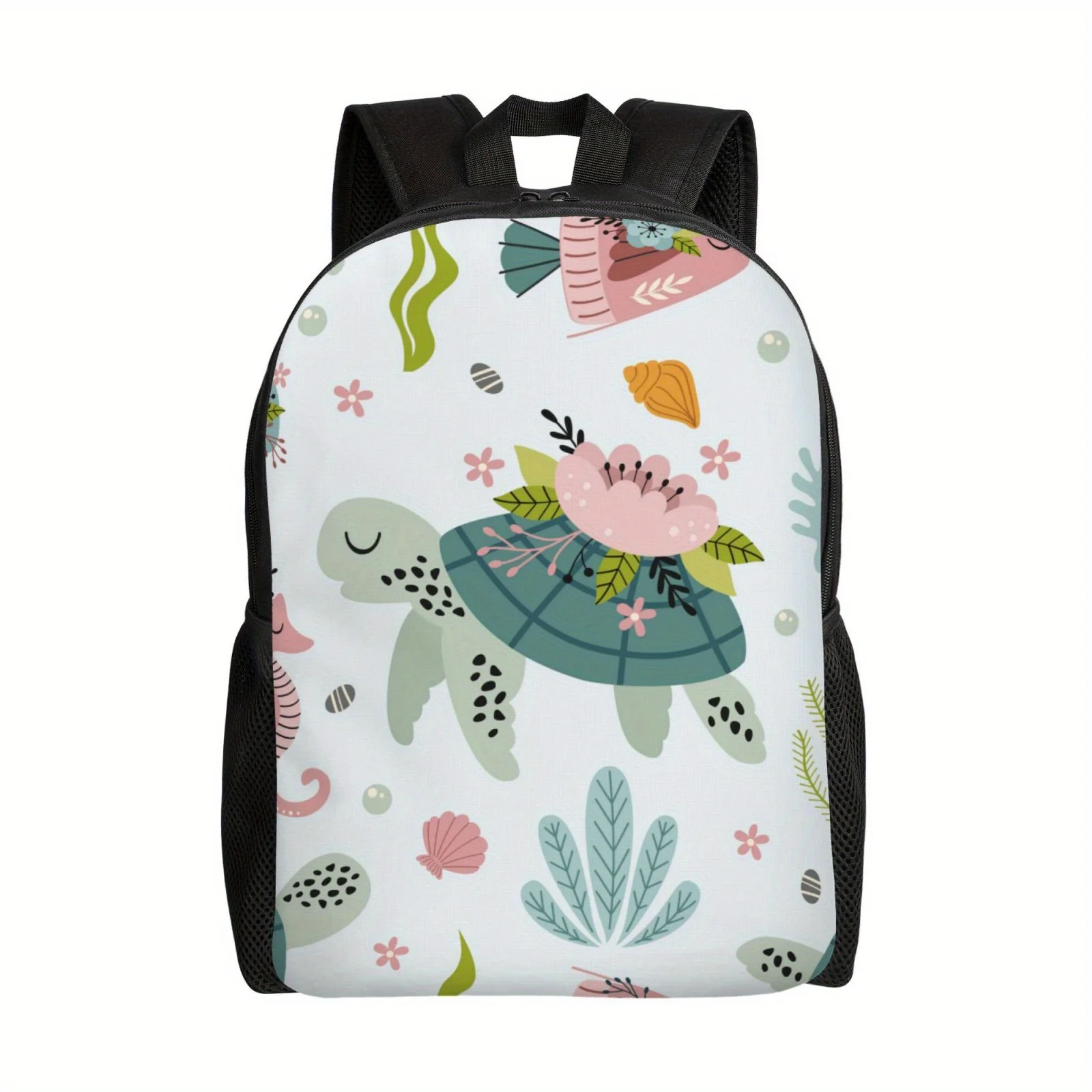 Cartoon carrying flower print lightweight adjustable black backpack for men and women, high school and university backpacks