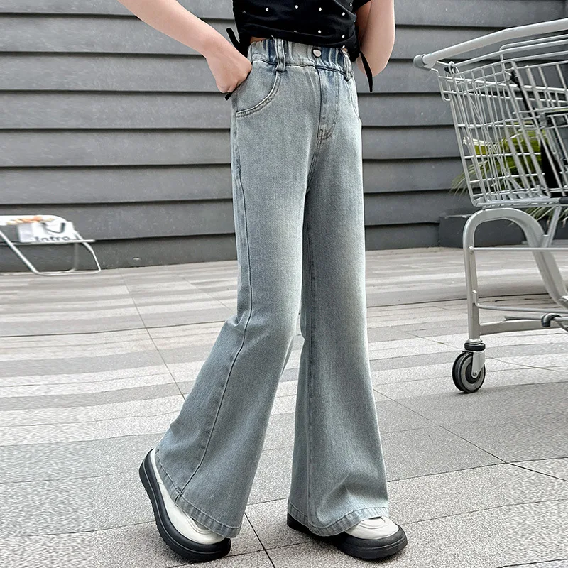 

Girls Jeans Summer Thin Bell Bottoms 2024 New Pants Large Children Style Casual Pants Simple Casual Style All-match Trousers