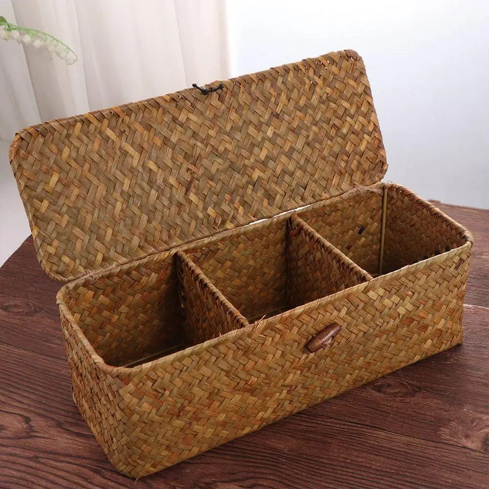 

Handmade Hand Woven Storage Baskets Dustproof Rectangular 3 Grid Handwoven Storage Basket with Lid Rattan Divider Storage Box