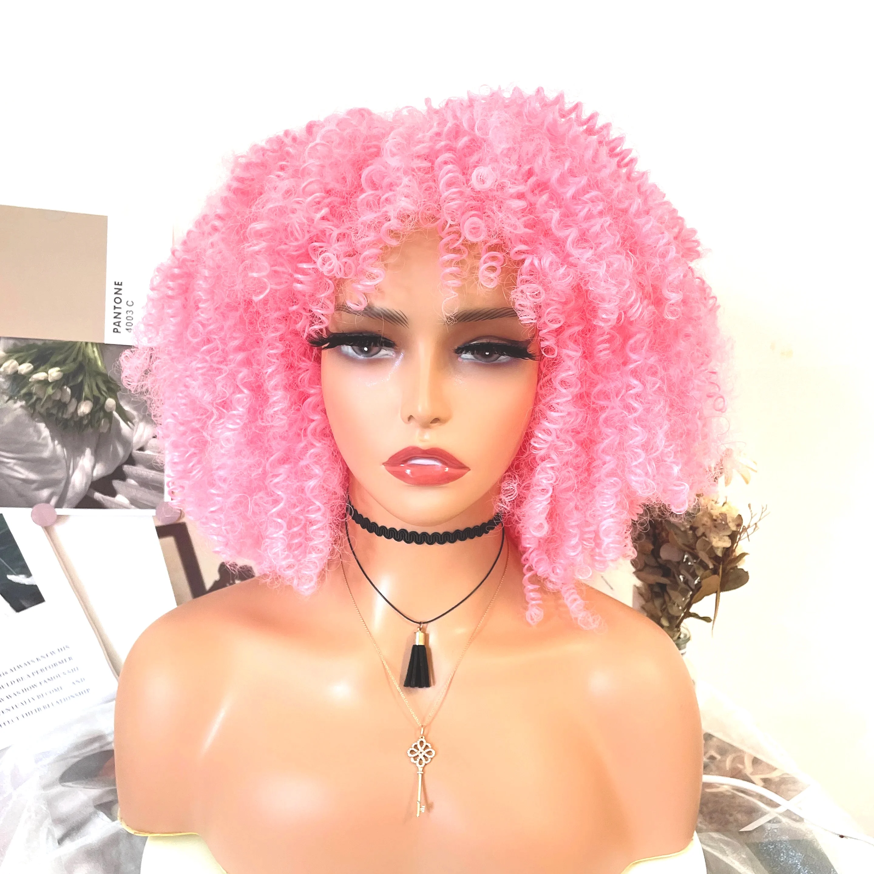 WIGERA Synthetic Afro Pink Curly Wig With Bangs For Black Women Heat Resistant Hair For African American Halloween Party Cosplay