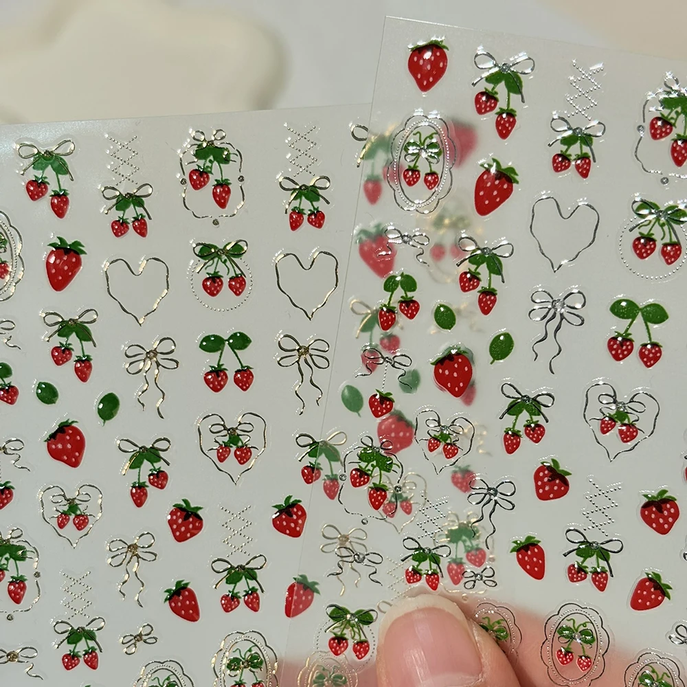

1/2Pcs 5D Embossed Red Strawberry Nail Stickers Gold Bow Strawberry Nail Art Decals DIY Summer Design Supplies for Women Sliders