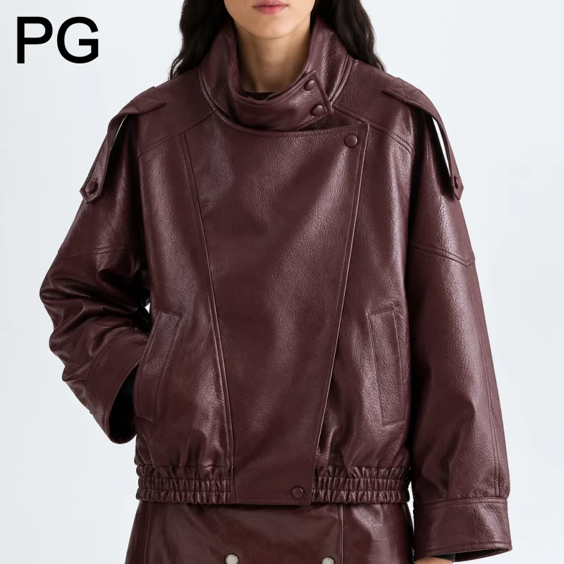 PG Women Stand Collar Motorcycle Jacket Asymmetric Placket Shoulder Strap Elastic Hem Pocket Street Outer Tops