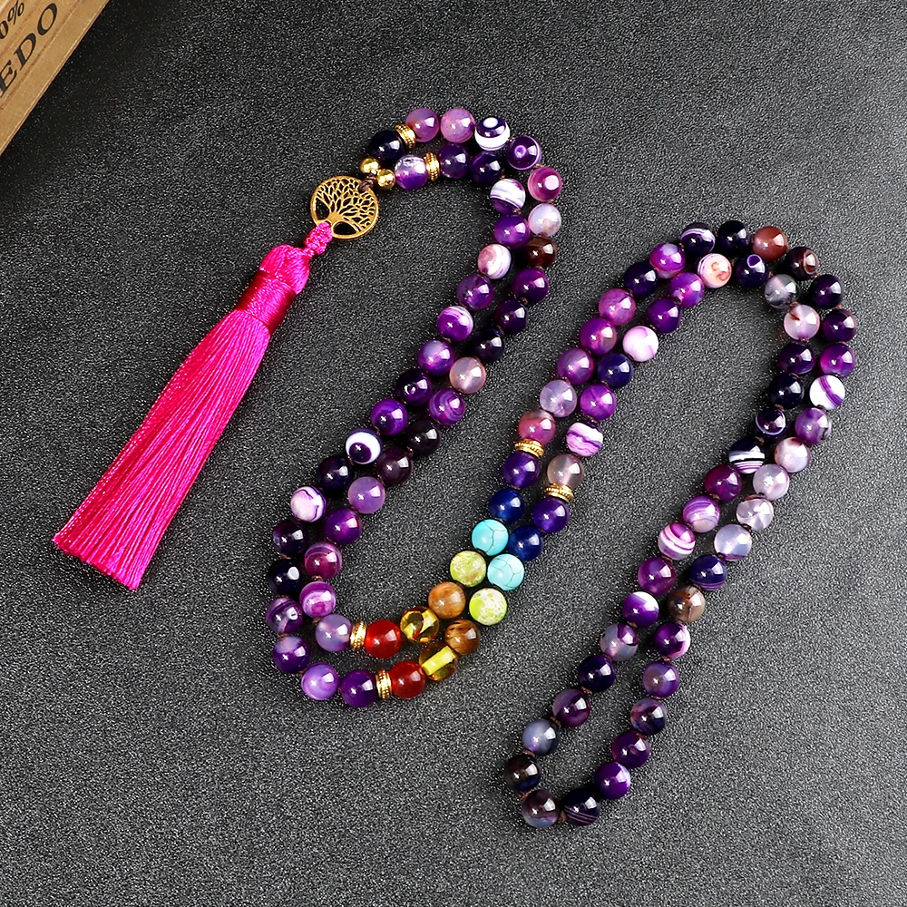 Nueva moda mujer borla Japamala collares 8mm cristal púrpura Vintage 108 collares de cuentas 7 joyería de Chakras regalos de cumpleaños para niñas