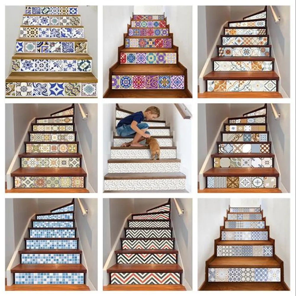 6 /13 pc Vintage Ceramic Tile Stair Stickers Decor Waterproof DIY Self Adhesive Staircase Sticker Stairway Bathroom Kitchen Home