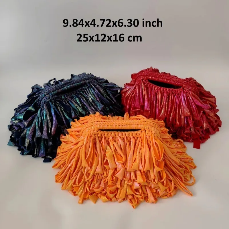 Handmade Metallic Shimmer Fringe Crochet Clutch Bag Women, Holographic Tassel Woven Handheld Evening Purse
