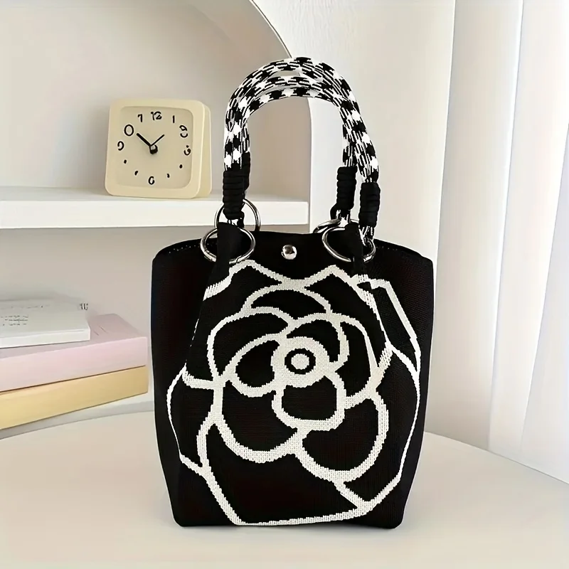 Black and White Flower Pattern Knitted Handbag, Women's Elegant Large Capacity Handbag, Versatile and Portable for Commuting