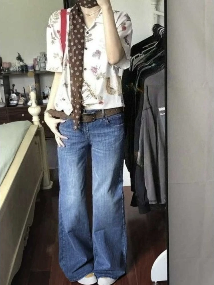 

Американские винтажные широкие джинсы, повседневные однотонные джинсы в стиле хип-хоп, свободные модные джинсы со средней талией, пряный стиль, популярные джинсы для женщин, осень 2023 г.