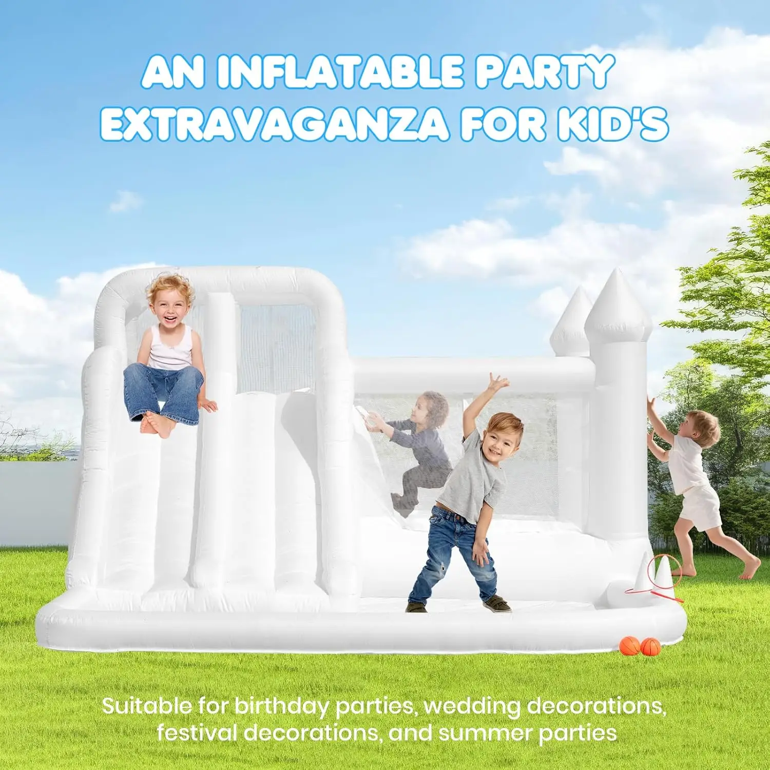 Casa de salto branca oxford, castelo inflável infantil com escorregador e piscina de bolinhas, brinquedos infláveis médios a grandes para crianças