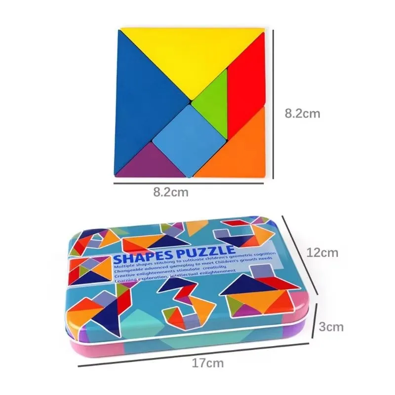 Wooden Pattern Blocks Jigsaw Montessori Busy Cube Puzzle Toy Color Sorting Stacking Game Tangram Shape Puzzle for 3 4 5 Year Kid