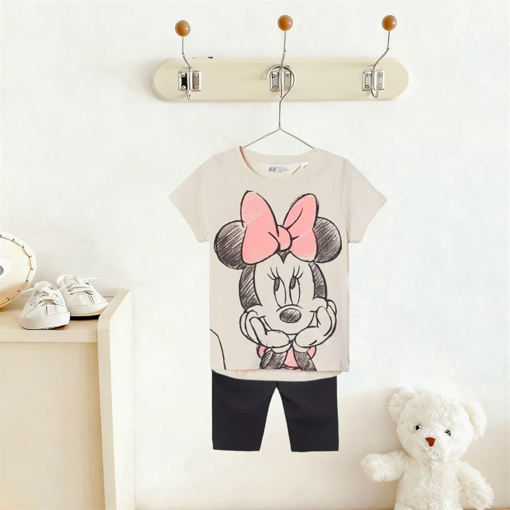 قميص أسود + شورت وردي 2 قطعة ملابس الصيف الرضع لطيف الطباعة تيز موضة تنوعا السراويل تصميم جديد ملابس المنزل وتتسابق