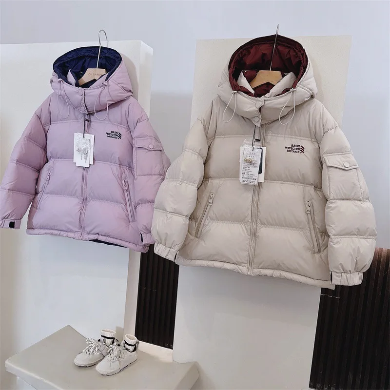 Korean Winter Kids Girls Parka Cotton-padded Letter Embroidery Children Girl Outerwear Coat Hooded Thick Warm Little Girl Jacket