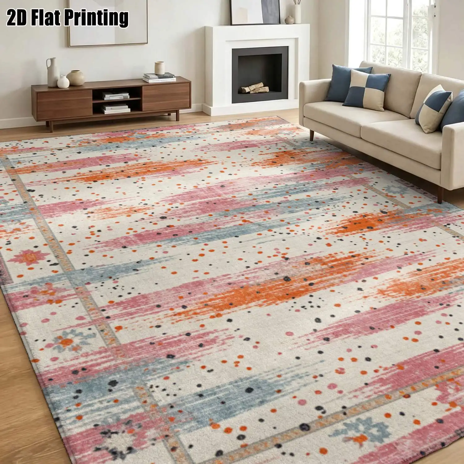 1Pc 2D Printed Pink Blue Orange Geometric Stripe Nordic Carpet, Suitable for Instagram, Modern Minimalist, Vintage Style, Machine Washable, Multi-Size Home Decor Floor Mat for Entrance, Dining Room, Foyer, Bedroom, Living Room