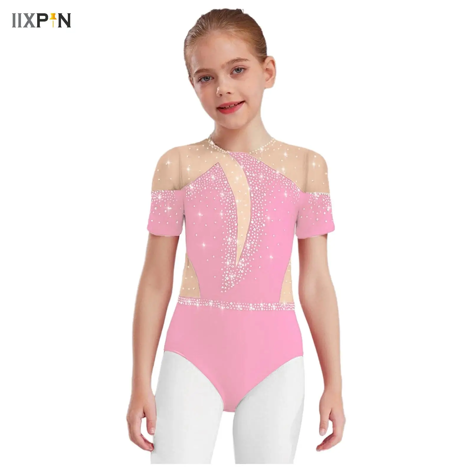 

Kids Girls Gymnastics Jersey Ballet Dance Leotard Shiny Rhinestones Metallic Figure Skating Bodysuit Practice Training Costume