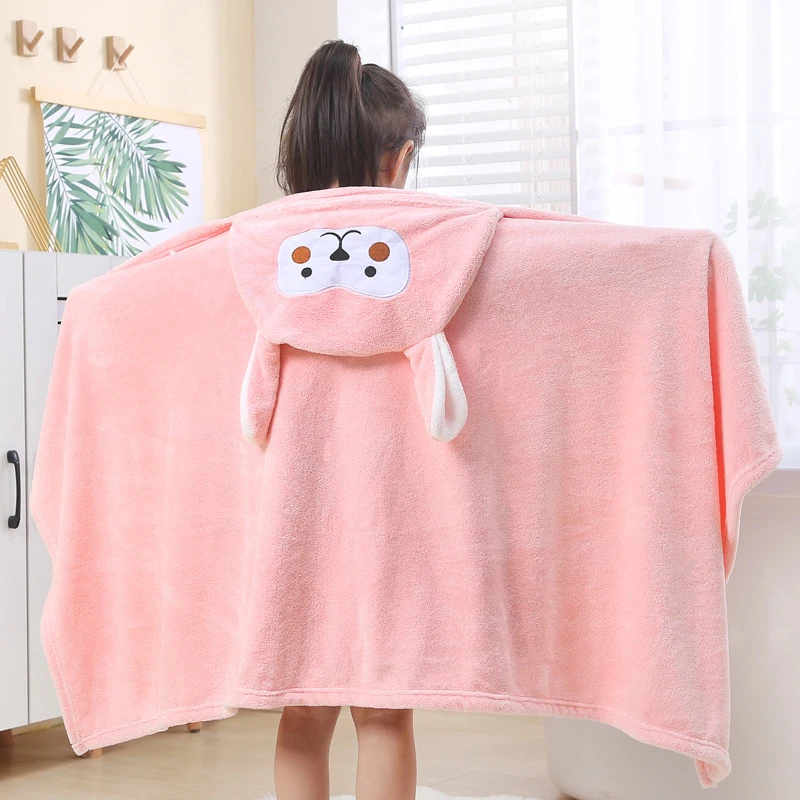 Toddler Baby Hooded Bath Towel Kids Bathrobe Super Soft Absorbent Bath Towel Blanket Cartoon Coral Fleece Kids Bathrobe Boy Girl