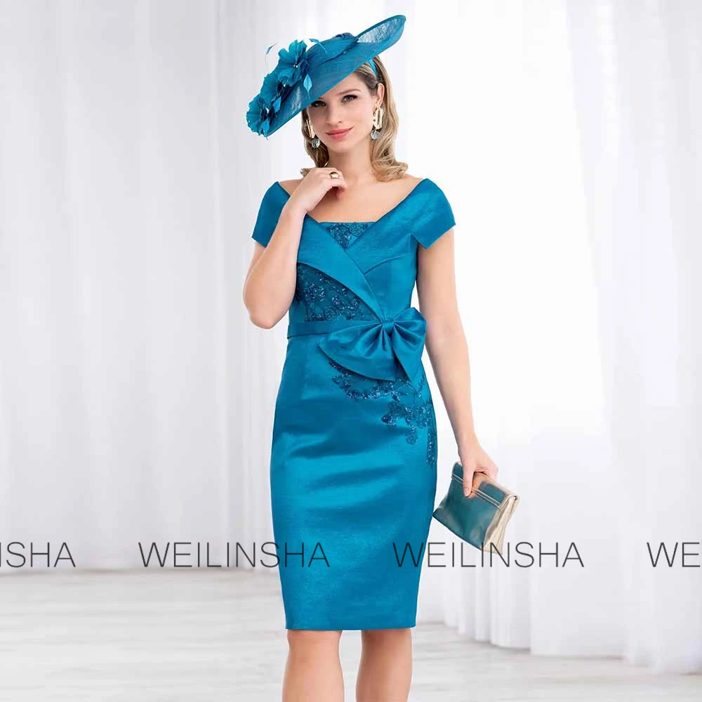 

Vintage Groom's Mother Dresses Satin Sheath/Column Bridal Dress Fuchsia Off-the-shoulder Beads Bow Mother of the Bride Dresses