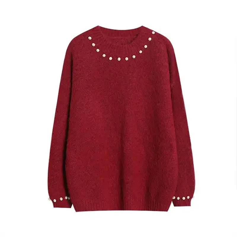 Suéteres holgados rojos con cuentas para mujer, ropa Vintage de Color sólido para otoño e invierno, jerséis de punto de manga larga con cuello redondo