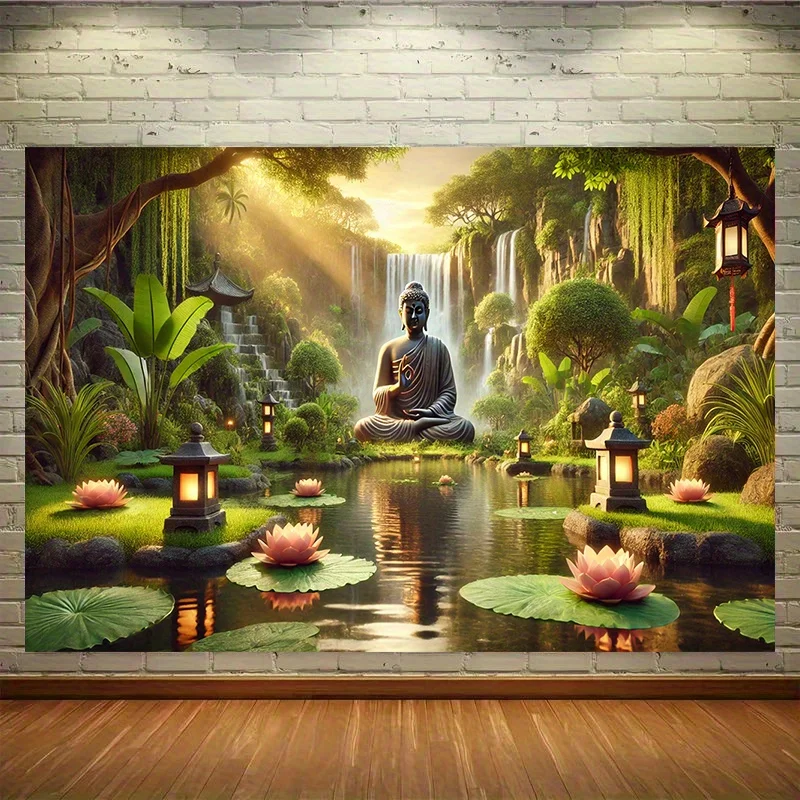 Buddha Garden Waterfall Tapestry Zen Landscape Art Lotus Pond Decor Peaceful Nature Wall Hanging Living Room Print