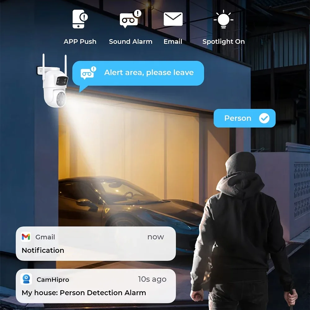 듀얼 렌즈 PTZ 보안 카메라 실외 2MP+2MP AI 인체 감지 자동 추적 무선 WiFi IP 카메라 양방향 오디오 CamHipro 앱