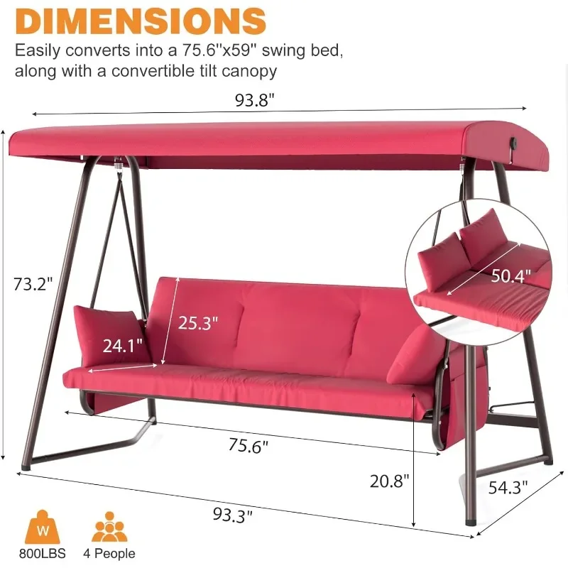 800LBS Outdoor Porch Swing Bed, 3 to 4 Person Adjustable Backrest Patio Swing Chair with Stand, Convertible Tilt Canopy