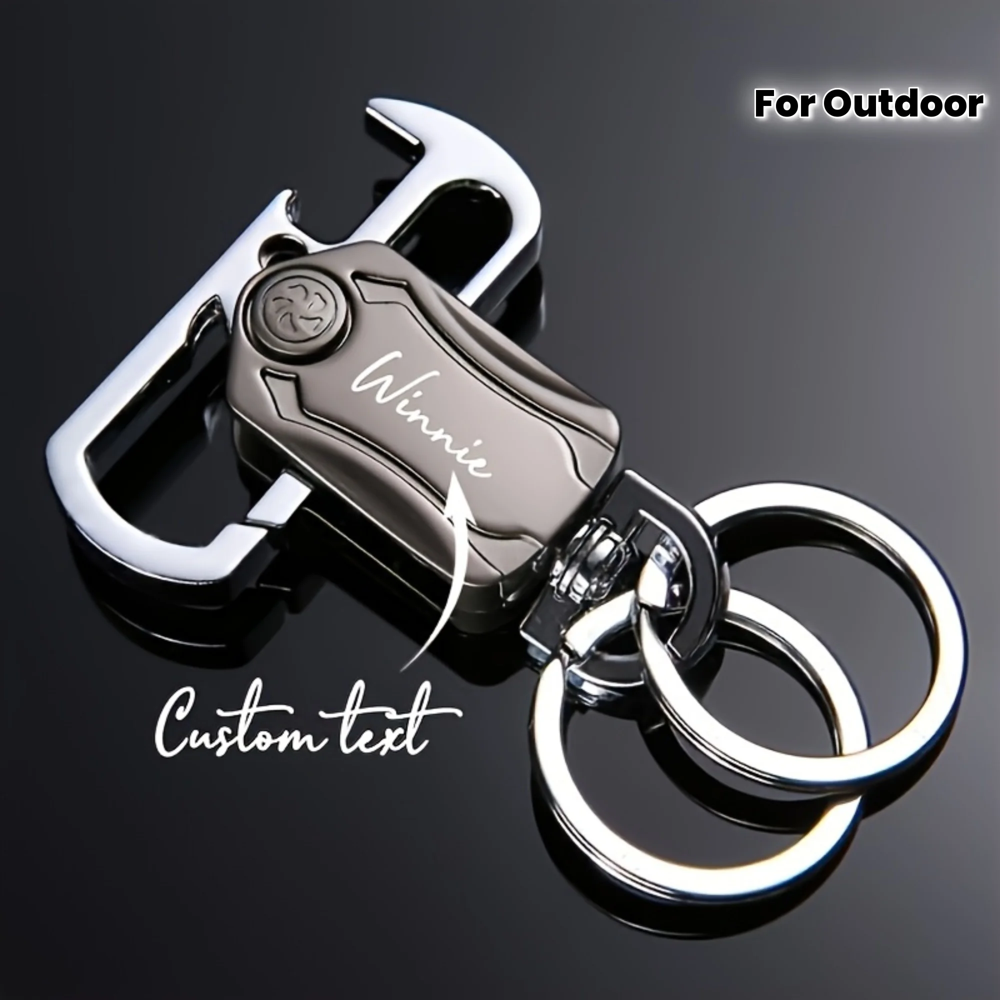 Customizable Black Zinc Alloy Keychain with Gyro, Bottle Opener & Carabiner - Durable, Non-Electric Design for Home & Vehicle Keys - Perfect for Outdoor Enthusiasts, Outdoor Keychain Accessories, Sleek Metallic Finish, Polished Metallic Finish