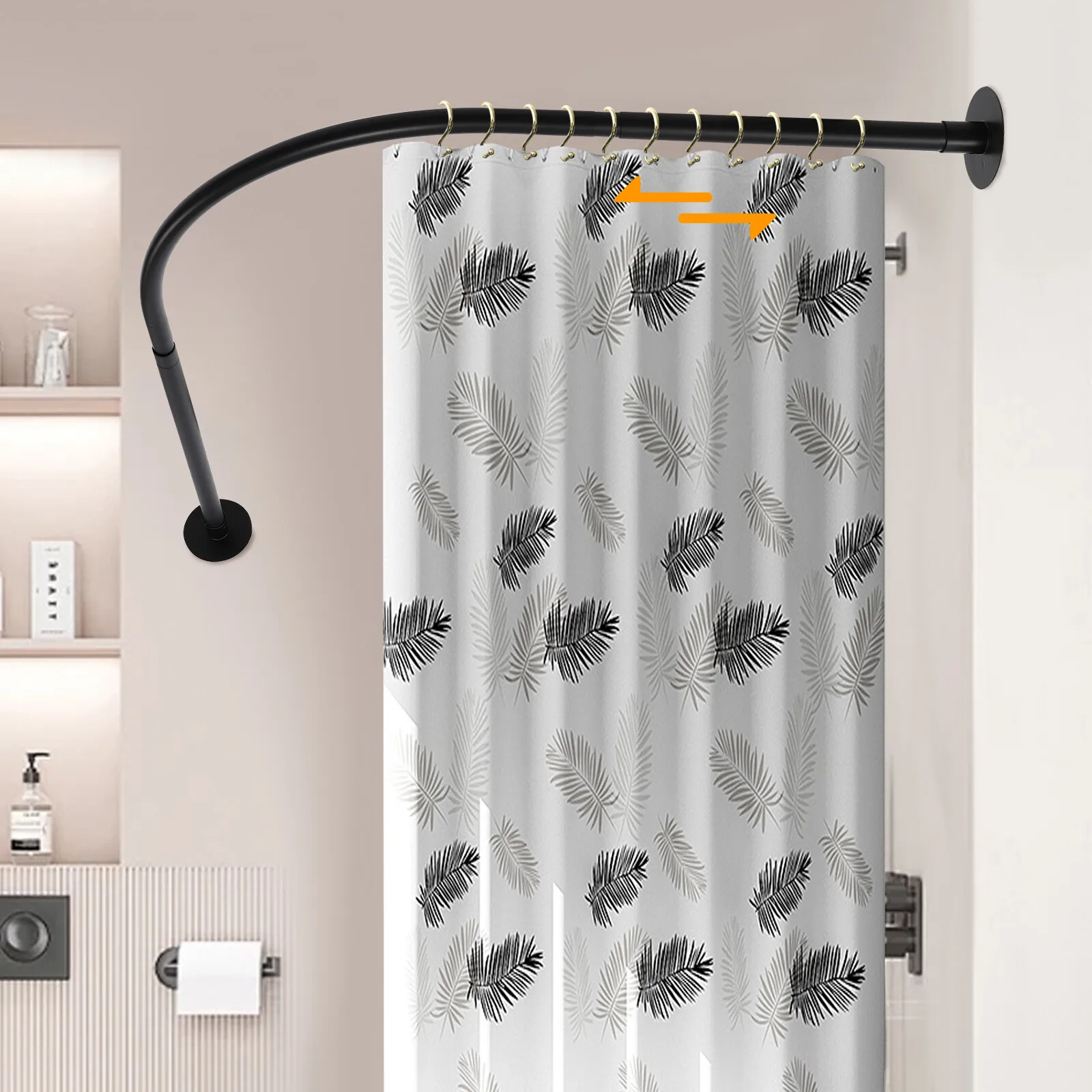 L-vormige verstelbare hoekstang 72-95x90-130cm, telescopische douchegordijnrail van roestvrij staal voor badkamer en badkuip, zwart