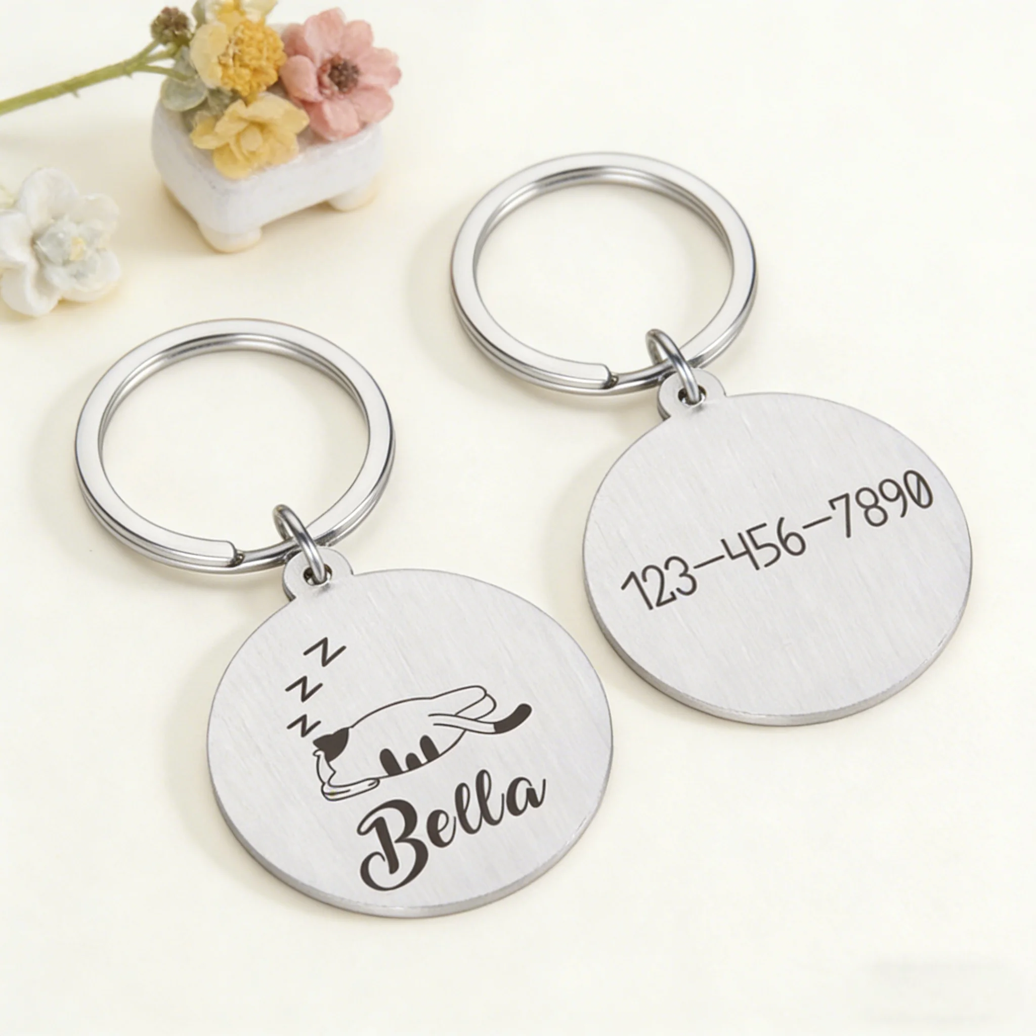 Personalisiertes Namensschild für Haustierkatzen, rundes Katzenhalsband aus Edelstahl mit eingraviertem Text und Zahlen, ID-Tag, Name, Telefonnummer, pe