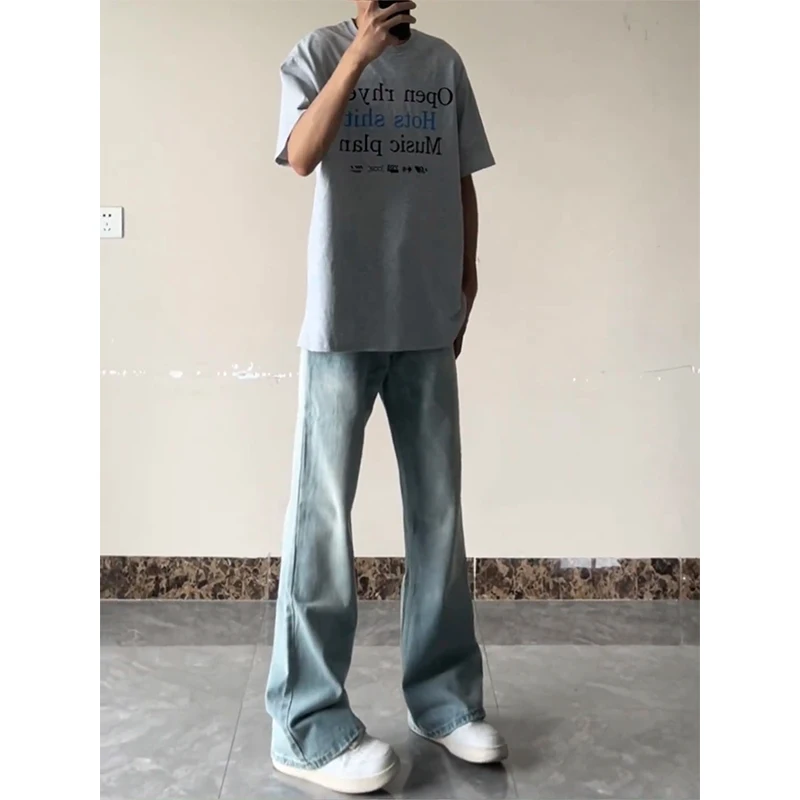 

Retro Blue High Waist Men's Jeans Summer Thin American Vibe Slim Straight Cut Trousers Youth Faion Straight Tube Pants