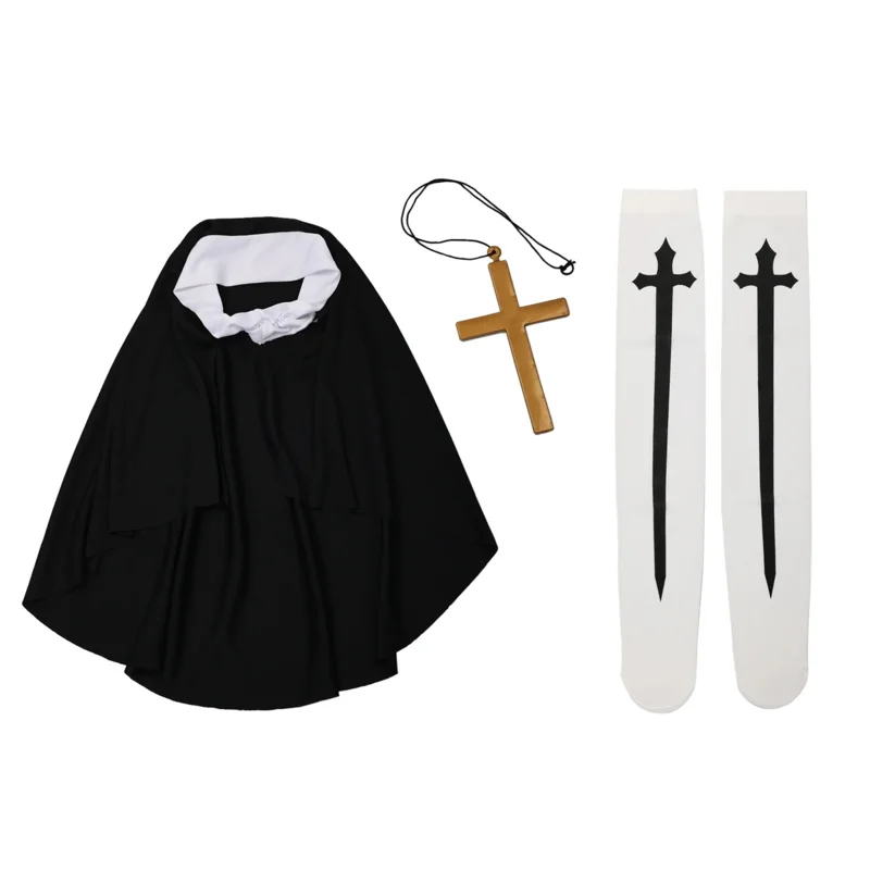 Halloween Nun Cosplay Headpiece Costume Accessories Cross Necklace Carnival Party Role Play Headscarf