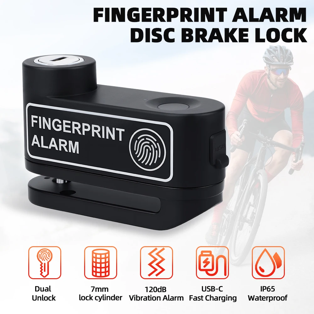 

Smart 120dB Vibration Alarm Anti-Theft Fingerprint Disc Brake Lock IP65 Waterproof Scooter Motorcycle Alarm Lock