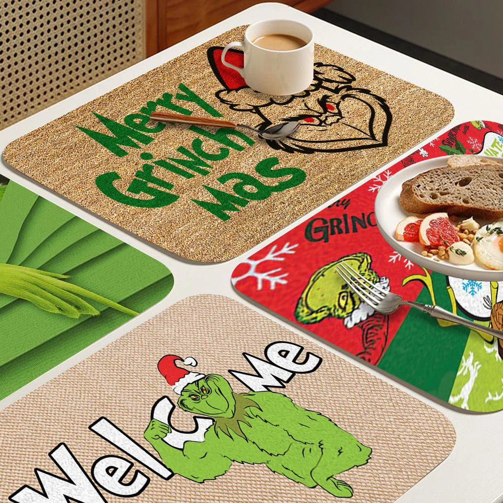 Welcome Grinch Merry Christmas Tree New Year Coffee Tablewear Drain Pad Square Absorbing Anti-slip Dry Mat Kitchen Placemat