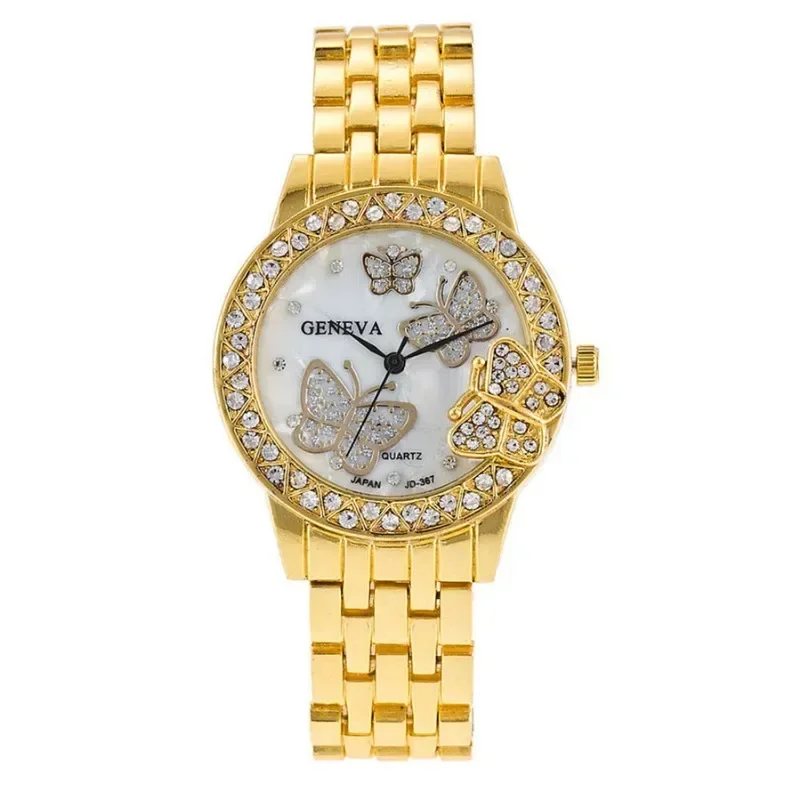 女性用腕時計デジタルクォーツ豪華なローズゴールドストリップ 3d Ms アナログバタフライダイヤモンド腕時計鋼女性の腕時計リロイ腕時計