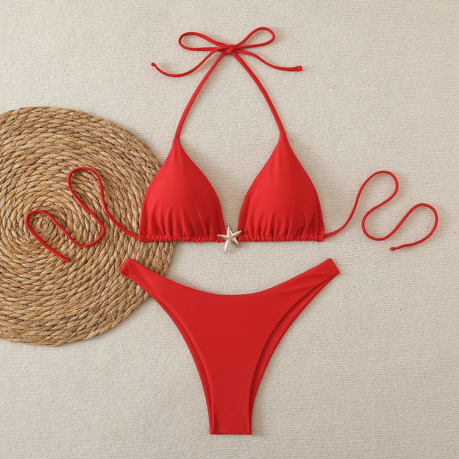 

Сексуальные металлические купальники-бикини с принтом морской звезды, комплект из двух частей: топ-халтер с завязками на спине и стринги, купальник-танкини, бикини