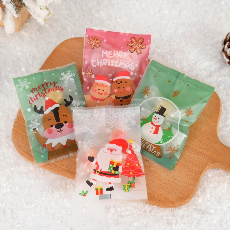 100pcs Christmas Candy Bags Cartoon Santa Claus Snowman Hot Seal Bags Biscuits Snack Cookie Packing Pouch Christmas Decorations