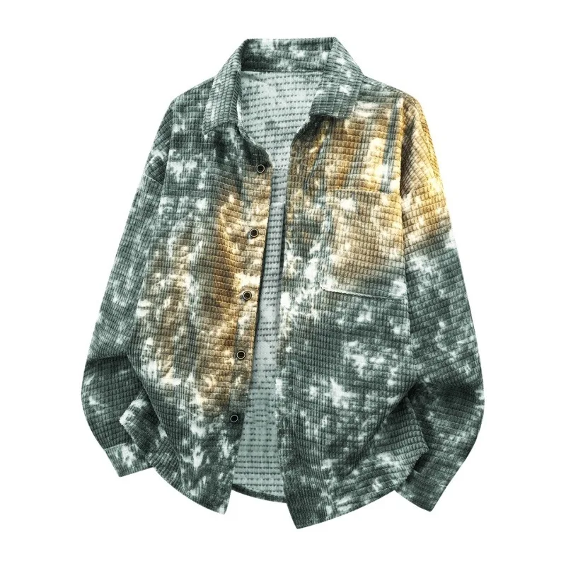 

Men's Tie Dye Waffle Knit Button Down Shirt Oversized Long Sleeve Casual Shacket for Streetwear