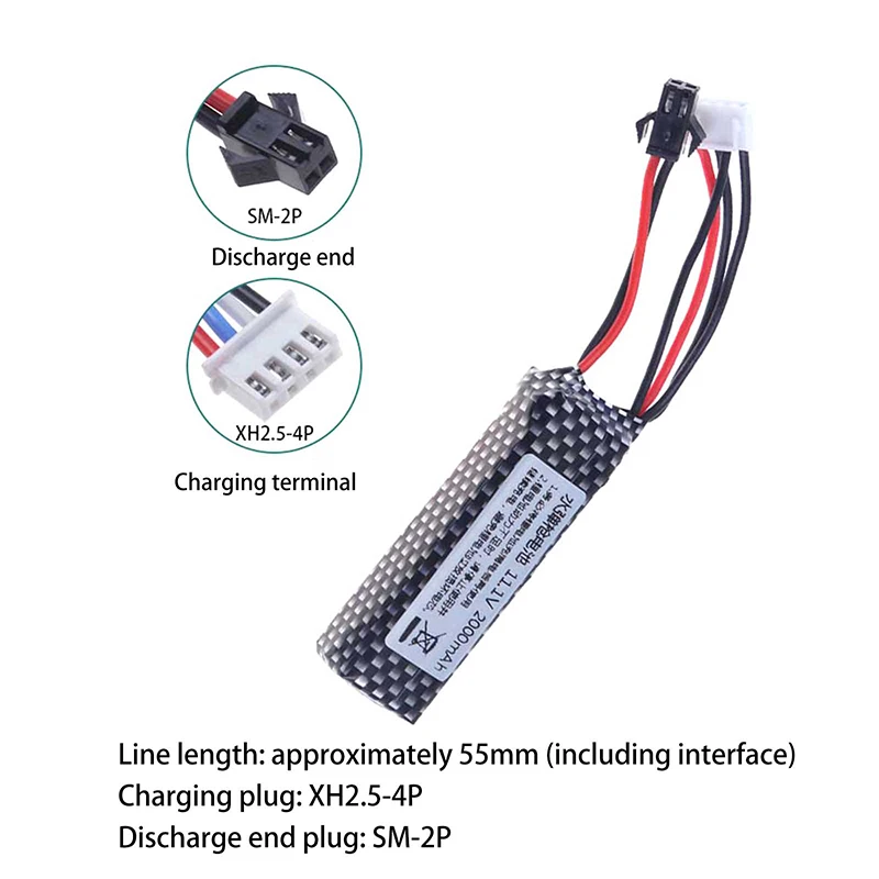 Battery 11.1V 2000mAh Gel Water Bead Blaster Batteries For Splatter Ball With Mini Connector To SM Plug Charger Cable